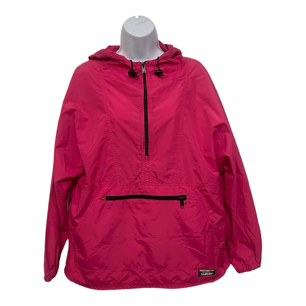 LLBean Women Pink Nylon Hooded Anorak Windbreaker Jacket Pullover Pouch Pocket L